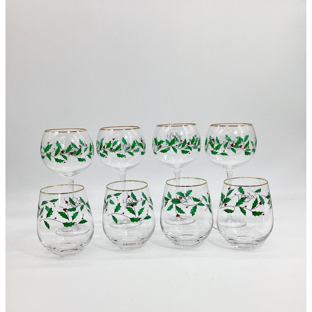 Lenox Christmas Wine Glasses,‎ Set of 8: Gold Rim Holly Barware  (TBL)